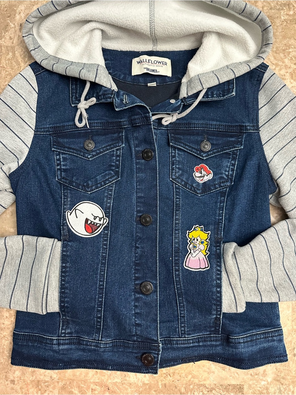 Wallflower Navy Denim Jacket with Gray Hood & Sleeves